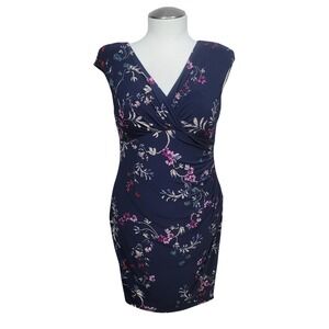 Lauren Ralph Lauren Sheath Dress Women 16P Navy Floral Faux Wrap Cap Sleeve
